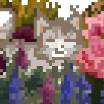 A pixel drawn light brown or beige cat laying in a field of colorful pixel flowers and grasses